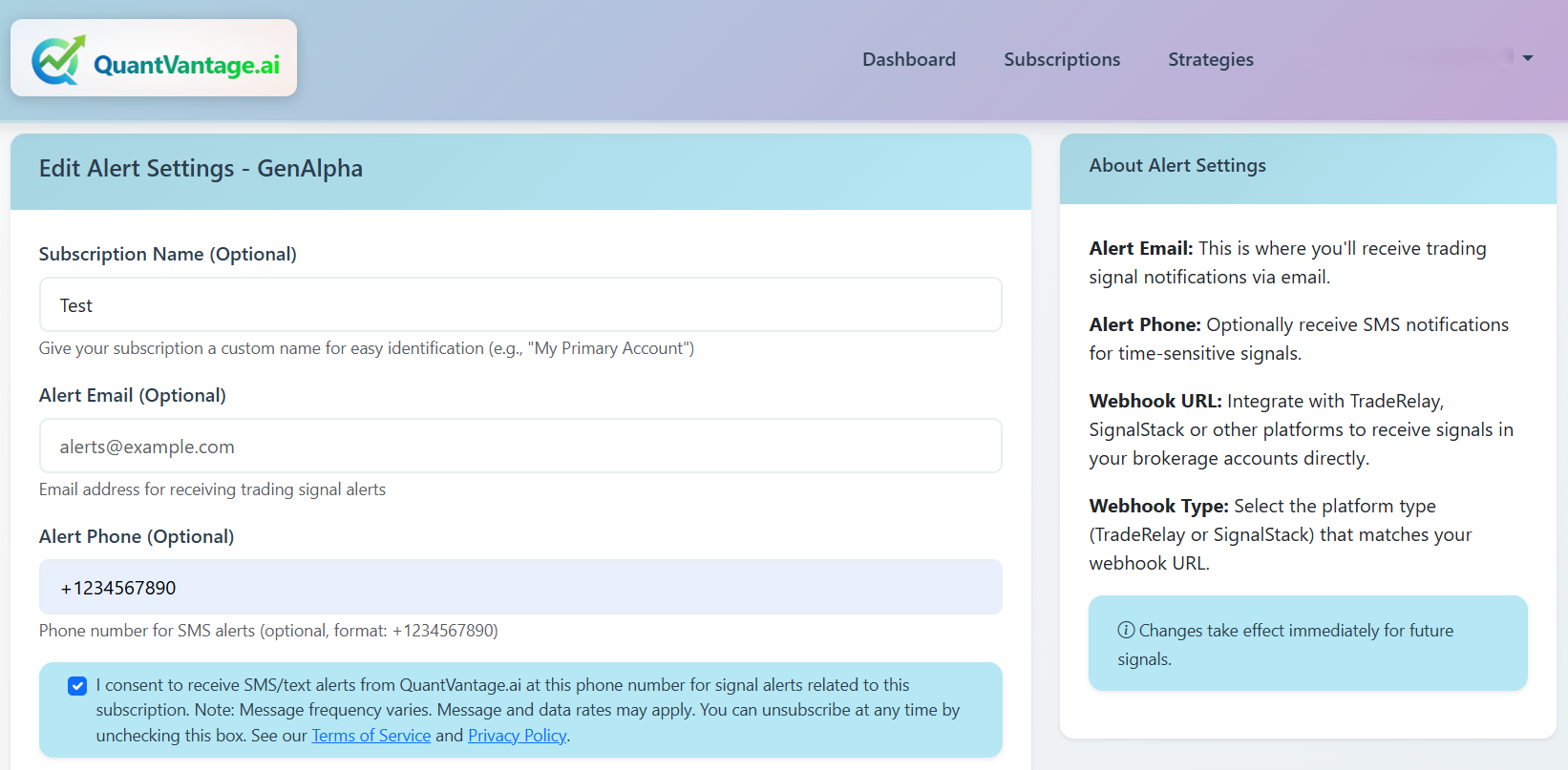 Edit Alert Settings page showing how to unsubscribe from SMS