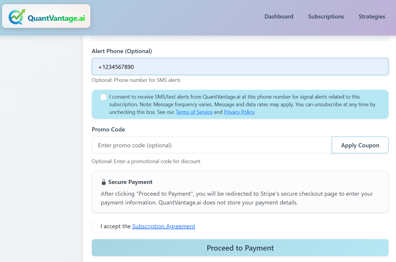 Subscription page showing SMS opt-in checkbox